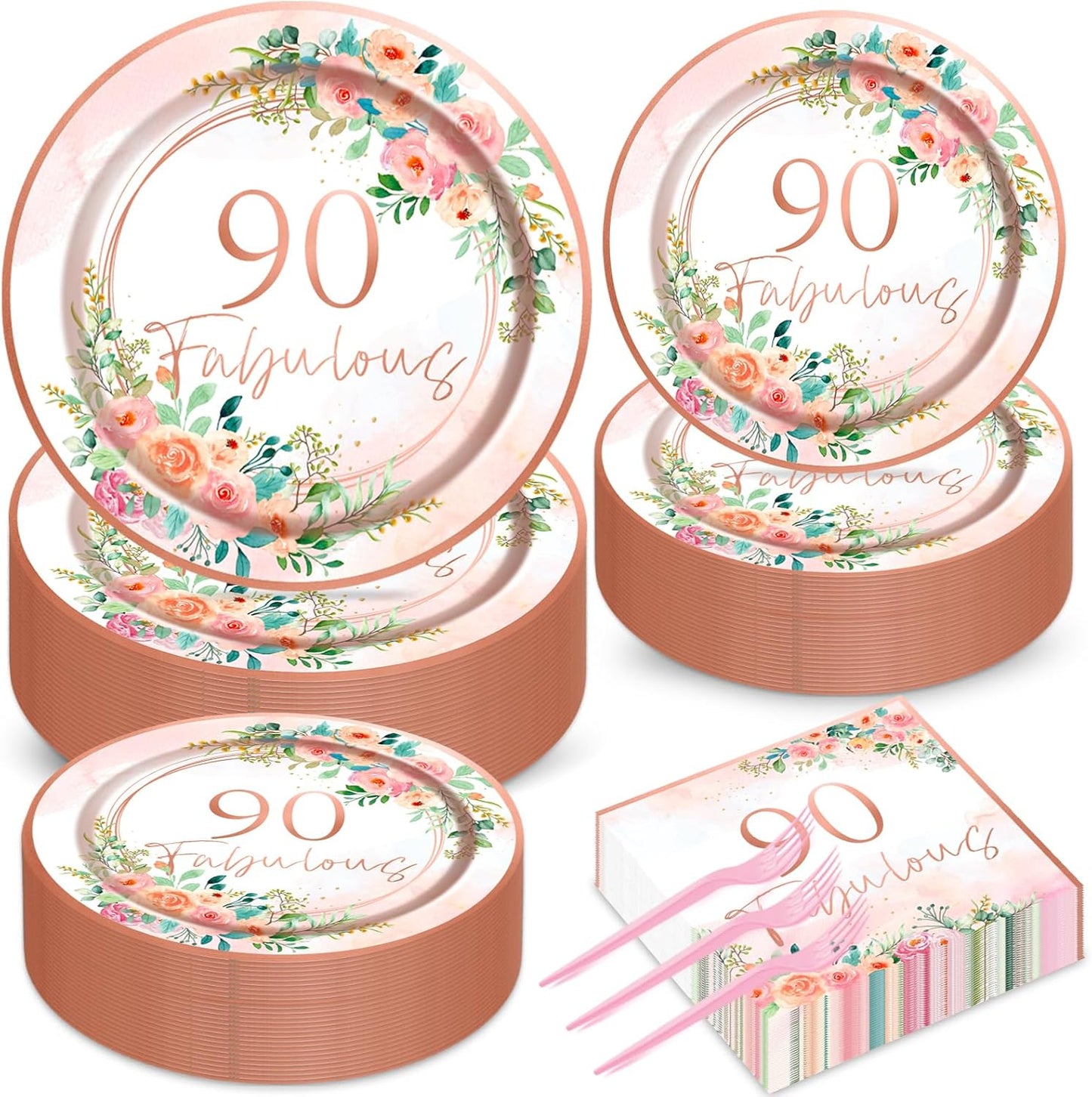 50 Guests 90th Party Decorations Plates Napkins Rose Gold Party Tableware Set Fabulous Party Supplies Women 90th Birthday Floral Paper Plates Napkins 200PCS