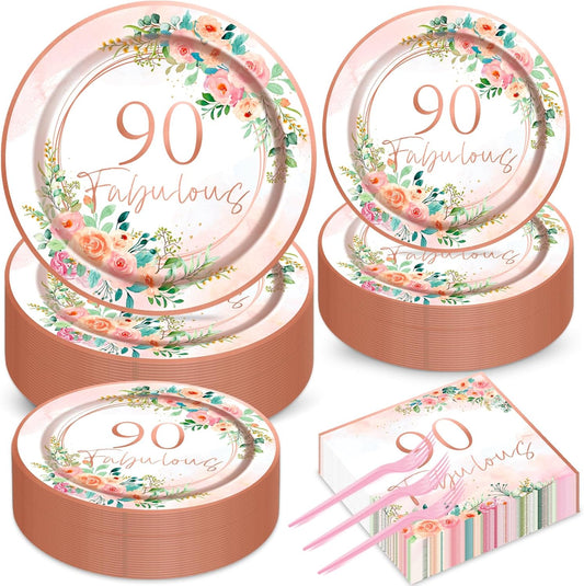 50 Guests 90th Party Decorations Plates Napkins Rose Gold Party Tableware Set Fabulous Party Supplies Women 90th Birthday Floral Paper Plates Napkins 200PCS