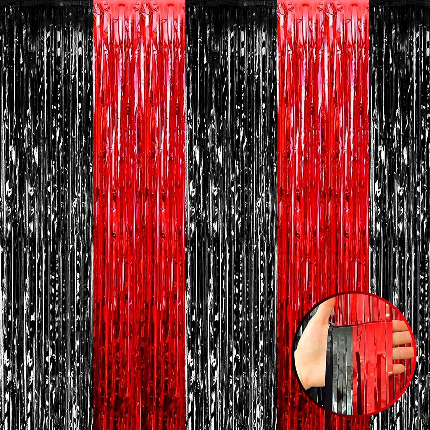 4 Pack Black Red Foil Fringe Curtain Backdrop, 3.28Ft x 9.8Ft Metallic Tinsel Foil Fringe Streamers Curtains for Photo Booth, Wedding, Casino Viva Las Vegas Game Night Birthday Party Decoration