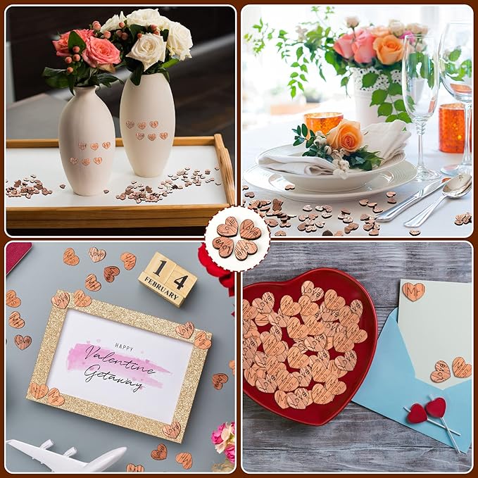 Blulu 1000 Pcs Small Wooden Heart Confetti for Craft Rustic Wedding Table Love Heart Centerpieces Decorations Mr Mrs Love Cake Decoration Gift for DIY Wedding Party Table Cake(Cute Style)