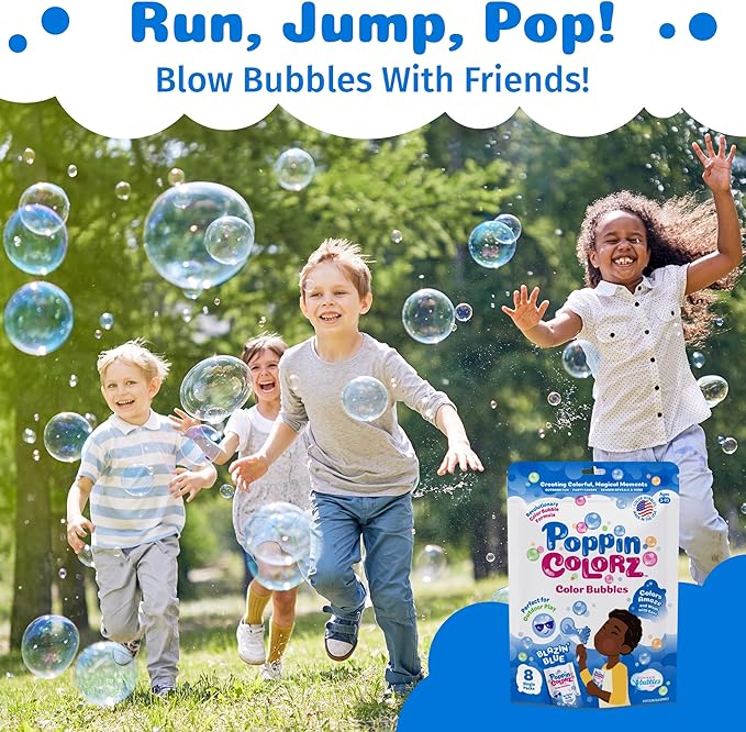 PoppinColorz Blazin' Blue Stain-Free Bubbles Party Favors – 8-Pack for Kids with Wands, Non-Toxic Party Favor for Birthday, Gender Reveal & Outdoor Fun – Bubbles Made in USA