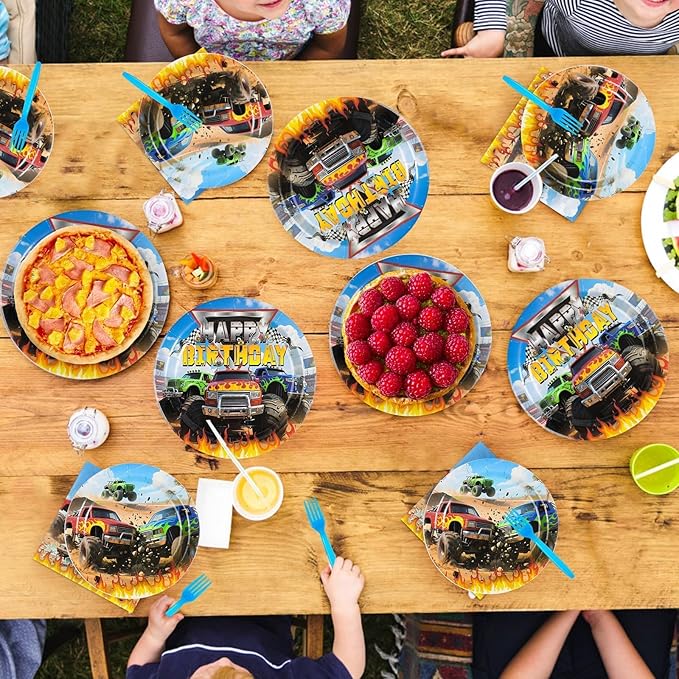 Grencian 96Pcs Monster Themed Truck Birthday Party Decorations Monster Themed Truck Plates and Napkins Forks Tableware for Kids Boys Car Birthday Party Decorations Serves 24