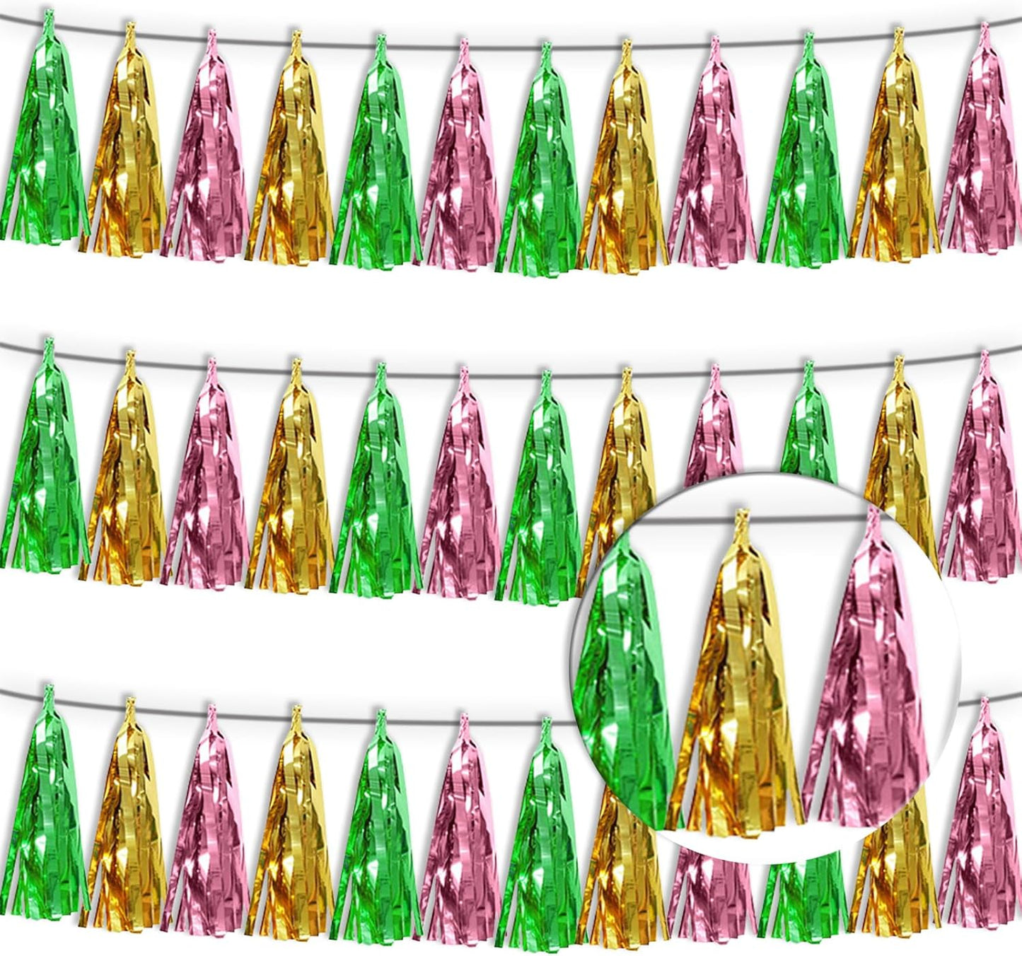 3P Sage-Green Gold Pink Tassel Banner Garland Metallic Foil Fringe Banner Tinsel Tassels Streamer Banner Backdrop for Parade Floats, 2025 Graduation Decorations, Woodland Party Decoration
