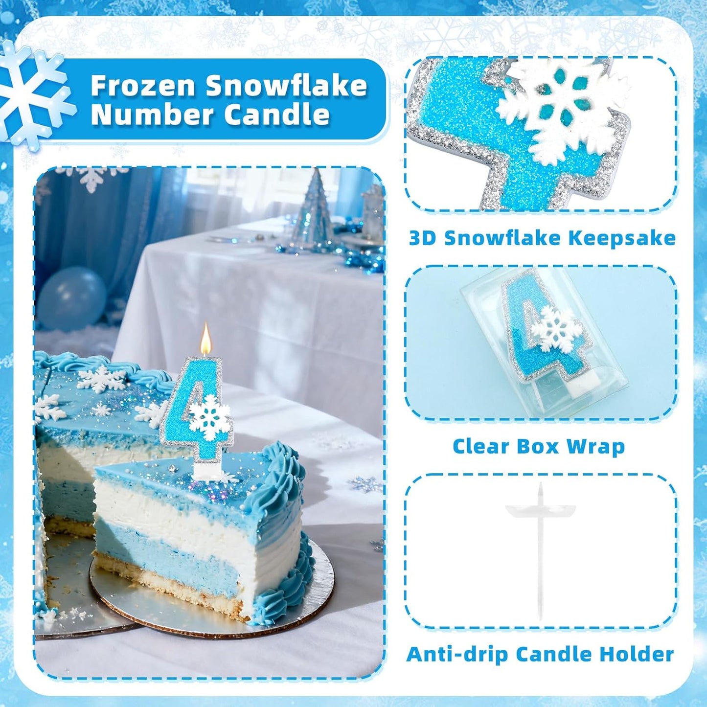 Frozen Themed Birthday Candles Party Decorations, Blue and Silver Number 4 Birthday Candle, Happy Birthday Candle for Cake, Snowflake Cake Topper Decoration for 4th 4 Year Old Party Favor Supplies