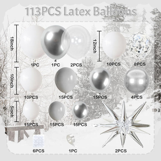 White Silver Balloons Garland Arch Kit, 113pcs White Grey Clear Balloons, Confetti Silver Explosion Star 4D Foil Balloons for Winter Wonderland Holiday Christmas Birthday Ice Snow Party Decorations