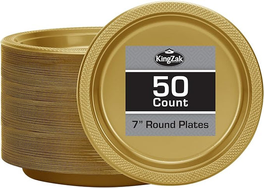 Gold Solid Color Premium Heavy Weight Plastic Appetizer Plate (7") 50 Count - Elegant & Durable, Perfect for Parties & Events