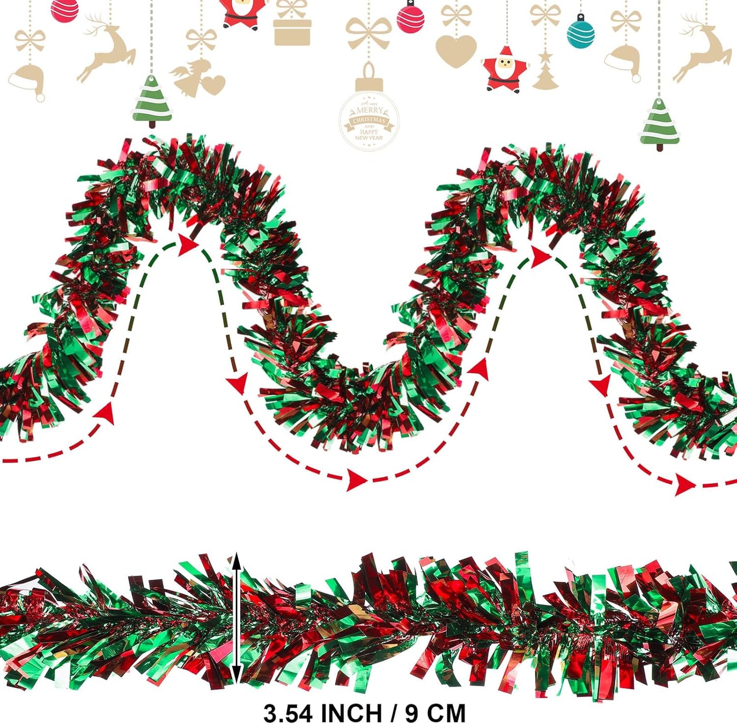 Sosation 100 ft Christmas Tinsel Garland Christmas Tree Twist Garland Bulk Glitter Metallic Streamer Indoor Outdoor Hanging Xmas Decorations(Red Green)