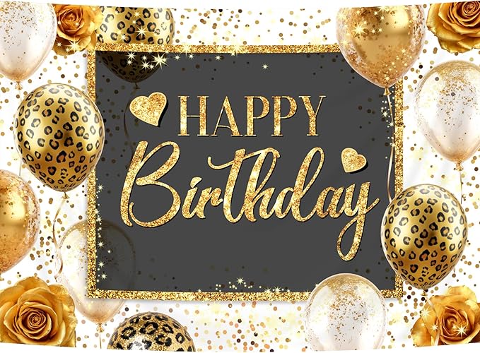 Homewelle Happy Birthday Backdrop 7Wx5H Feet Polyester Fabric Gold Leopard Balloon Love Heart Rose Elegant Flower Confetti Decoration Girly Gold Glitter Photography Background Photo Shoot Props