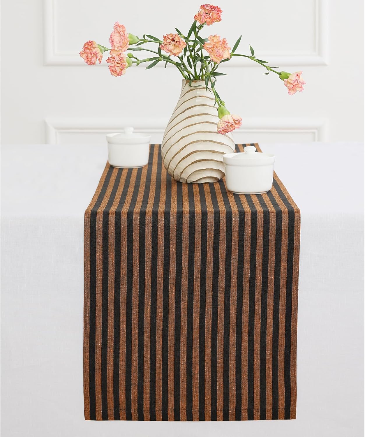 Solino Home Table Runner 144 Inches Long - Amalfi Stripe, 100% Pure Linen Pumpkin and Black Table Runner 14 x 144 Inch for Dining, Fall, Autumn, Halloween, Thanksgiving