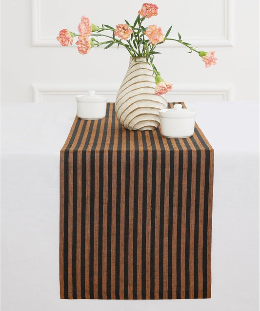 Solino Home Table Runner 144 Inches Long - Amalfi Stripe, 100% Pure Linen Pumpkin and Black Table Runner 14 x 144 Inch for Dining, Fall, Autumn, Halloween, Thanksgiving