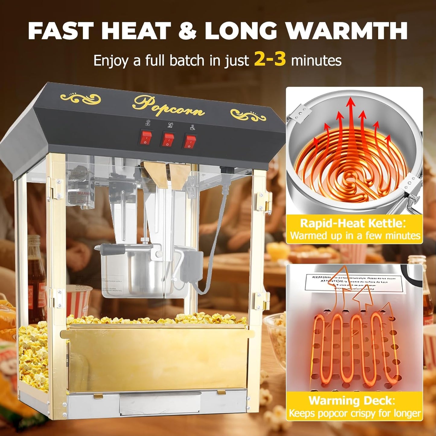Upgraded 16oz Commercial Popcorn Machine with Cart, Large Popcorn Machine Makes Up to 80 Cups, Movie Theater Pop Corn Machine with Easy-Rolling wheels & Stainless-Steel Kettle, Black&Gold