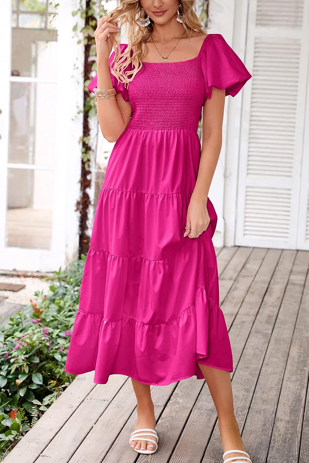 PRETTYGARDEN Women's Casual Summer Midi Dress Puffy Short Sleeve Square Neck Smocked Tiered Ruffle Dresses