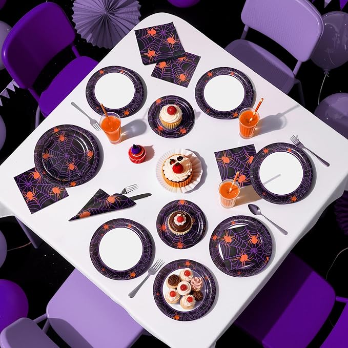 75pcs Spider Party Supplies - Disposable Spider Web Paper Plates & Napkins (25pcs 9" & 7" Plates, 25pcs Napkins) for Birthdays, Halloween, Birthday, and Parties Decoration