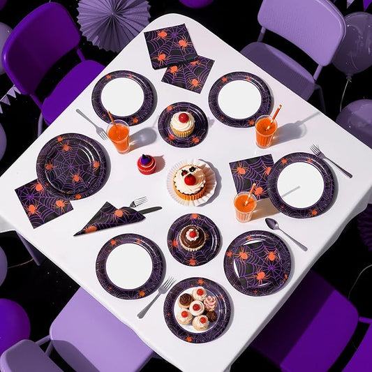 75pcs Spider Party Supplies - Disposable Spider Web Paper Plates & Napkins (25pcs 9" & 7" Plates, 25pcs Napkins) for Birthdays, Halloween, Birthday, and Parties Decoration