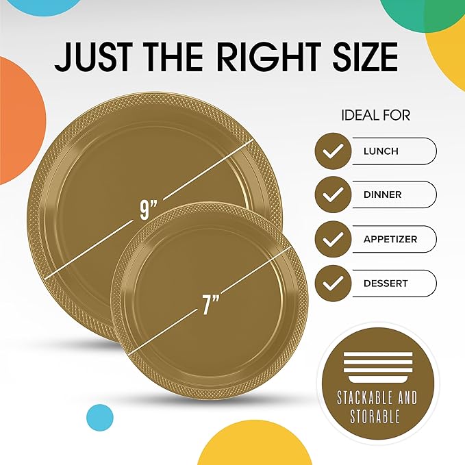 Party Solids Gold Plastic Plates For Party Supplies, Gold Disposable Plates 100 Pieces - 50-7" & 50-9" Heavy Duty 350 GSM Disposable Dinnerware Sets, Plastic Dinnerware Sets