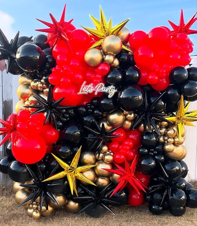 Black Red Gold Star Balloons,9Pcs 22Inch Black Gold Red Explosion Spike Cone Helium Polyester Film Star Foil Balloons for Birthday Anniversary Baby Shower New Year Disco Party Decorations