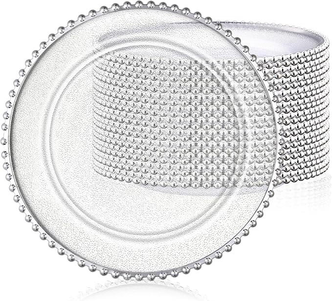 Hoolerry 12 Pack Clear Charger Plates Bulk 13 Inch Plastic Round Beaded Dinner Chargers Acrylic Frosted Grain Decorative Service Plates for Wedding Party Event, Home and Kitchen Tabletop (Silver)