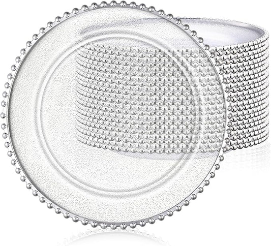 Hoolerry 12 Pack Clear Charger Plates Bulk 13 Inch Plastic Round Beaded Dinner Chargers Acrylic Frosted Grain Decorative Service Plates for Wedding Party Event, Home and Kitchen Tabletop (Silver)