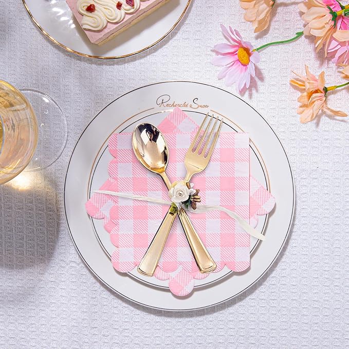 100 Pcs Pink Napkins Scalloped Plaid Cocktail Napkins Folded 5 x 5 Inches Disposable Napkins for Wedding Birthday Party