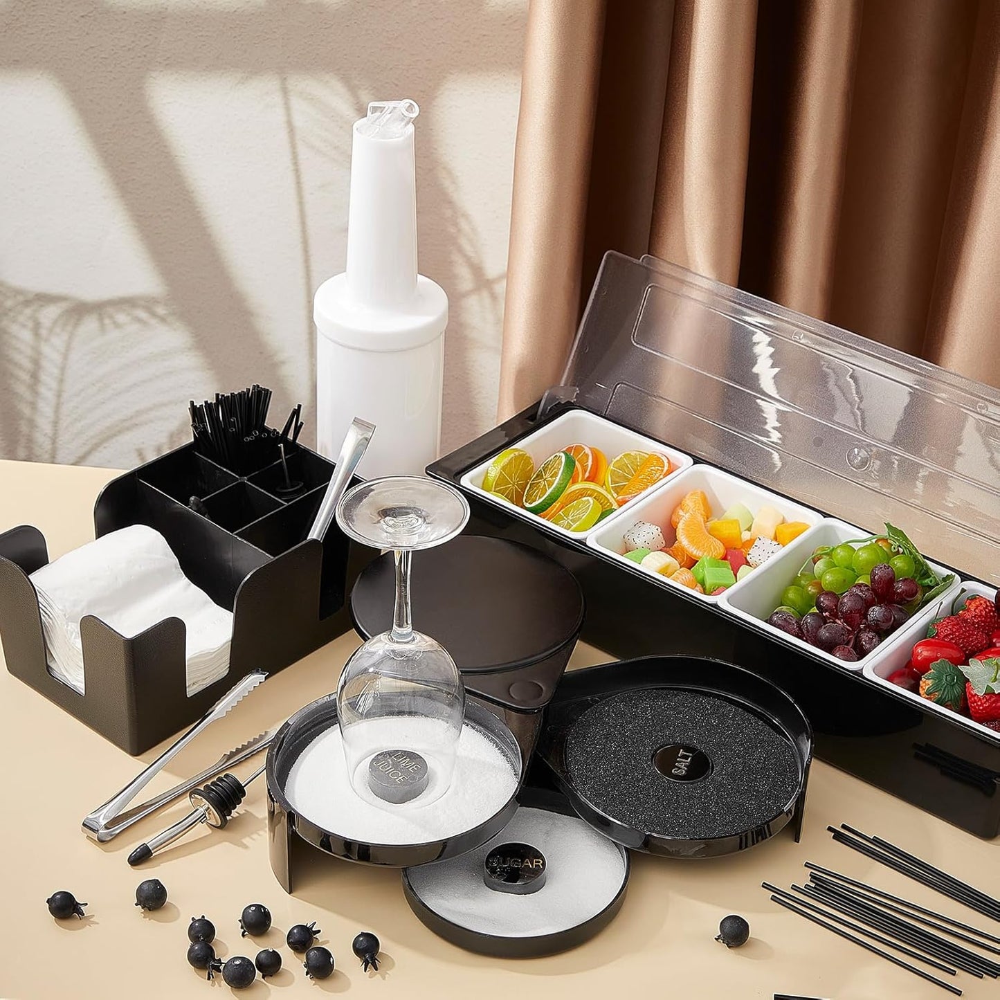 Mifoci Garnish Tray with Lid Bar Caddy 3 Tier Glass Rimmer 12 Stainless Steel Bottle Pourers 2 Plastic Juice Pour Bottles 1000 Count Cocktail Straws 3 Serving Tongs(4 Compartments,Plastic)