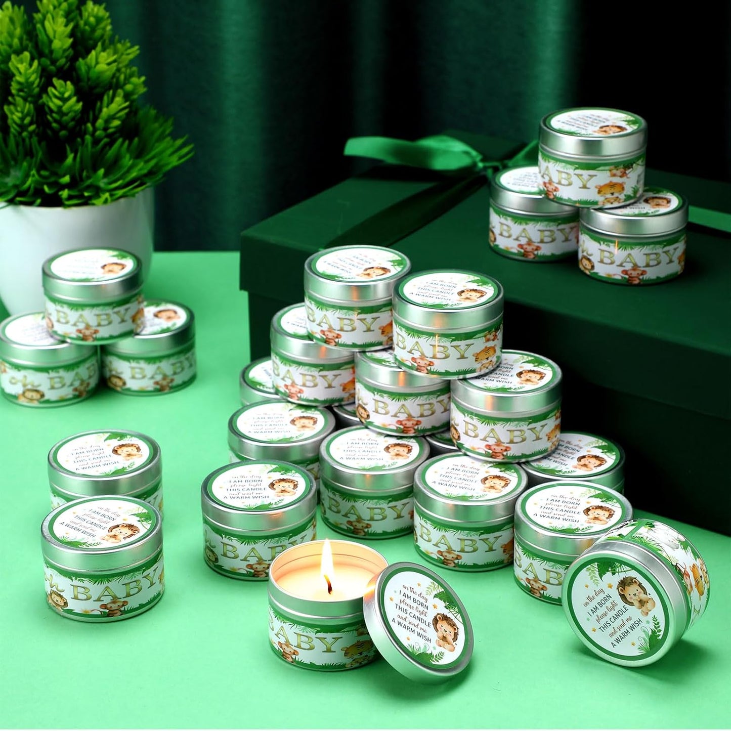 MTLEE 24 Pcs Jungle Animal Baby Shower Party Favors Candles Lavender Scented Baby Shower Favors for Guests Rustic Tealights Candles Gender Reveal Return Gifts Girl Boy(1.2 Oz, Green)