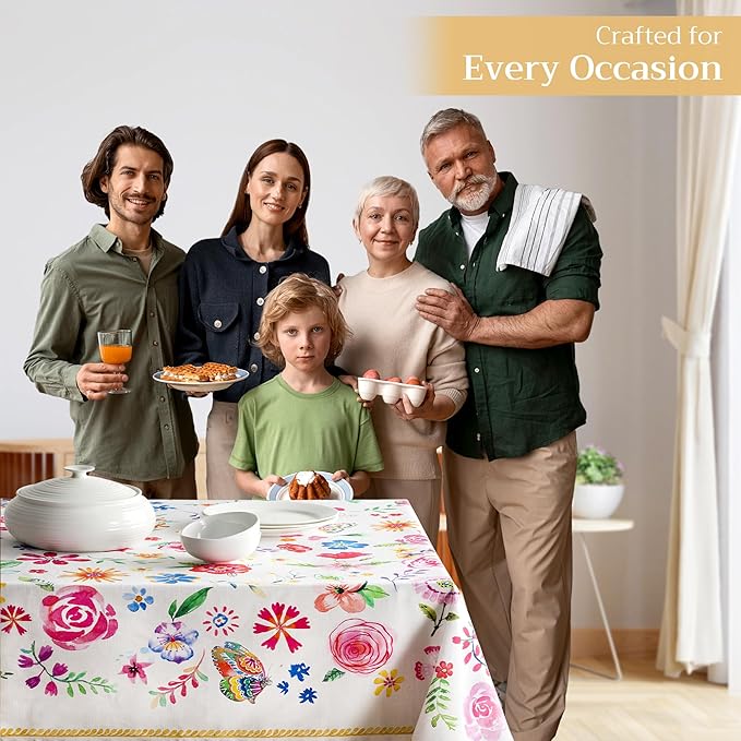 Maison d' Hermine Table Cloth Square Table 100% Cotton 54 x 54 Inches Tablecloth Reusable Decorative for Dining Room Farmhouse Home Valentines Day Decorations Spring Summer - Happy Florals - Sweety