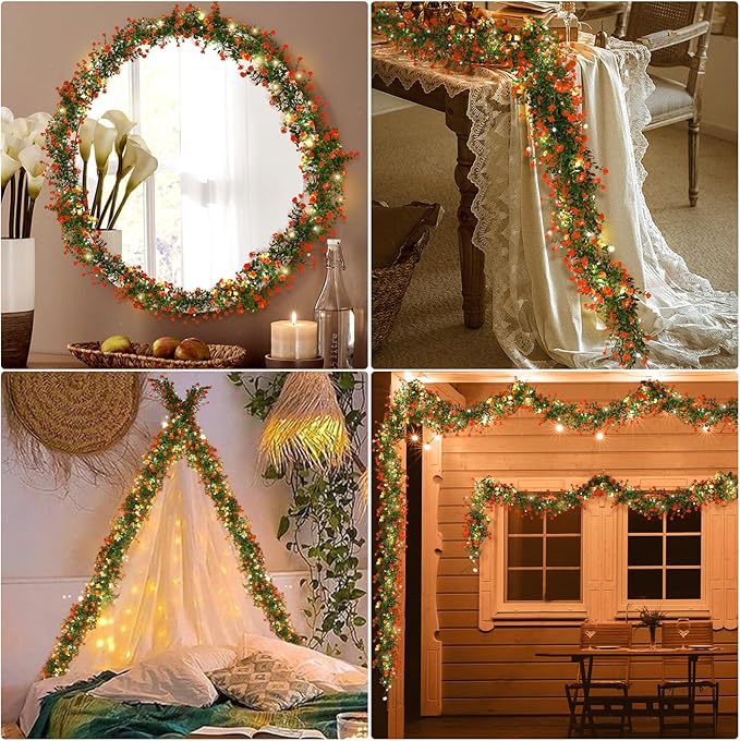 RECUTMS Faux Spring Eucalyptus Garland Artificial Hanging Vines Wedding Greenery Garland with Lights Faux Plants Indoor Flower Vine for Wall Fireplace Table Porch Door Decoration(Orange)