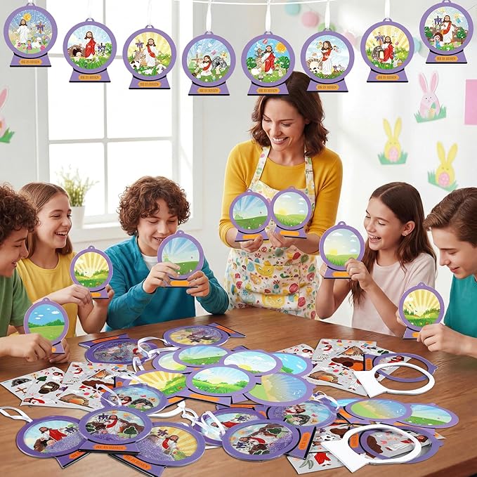 Frienda 48 Set He is Risen Scene Craft Kit Religious Crafts for Kids DIY Shaking Globe Craft Make a Jesus Risen Ornament Bulk with Glitter Sequins Paper for Sunday School Christian Religious Decor