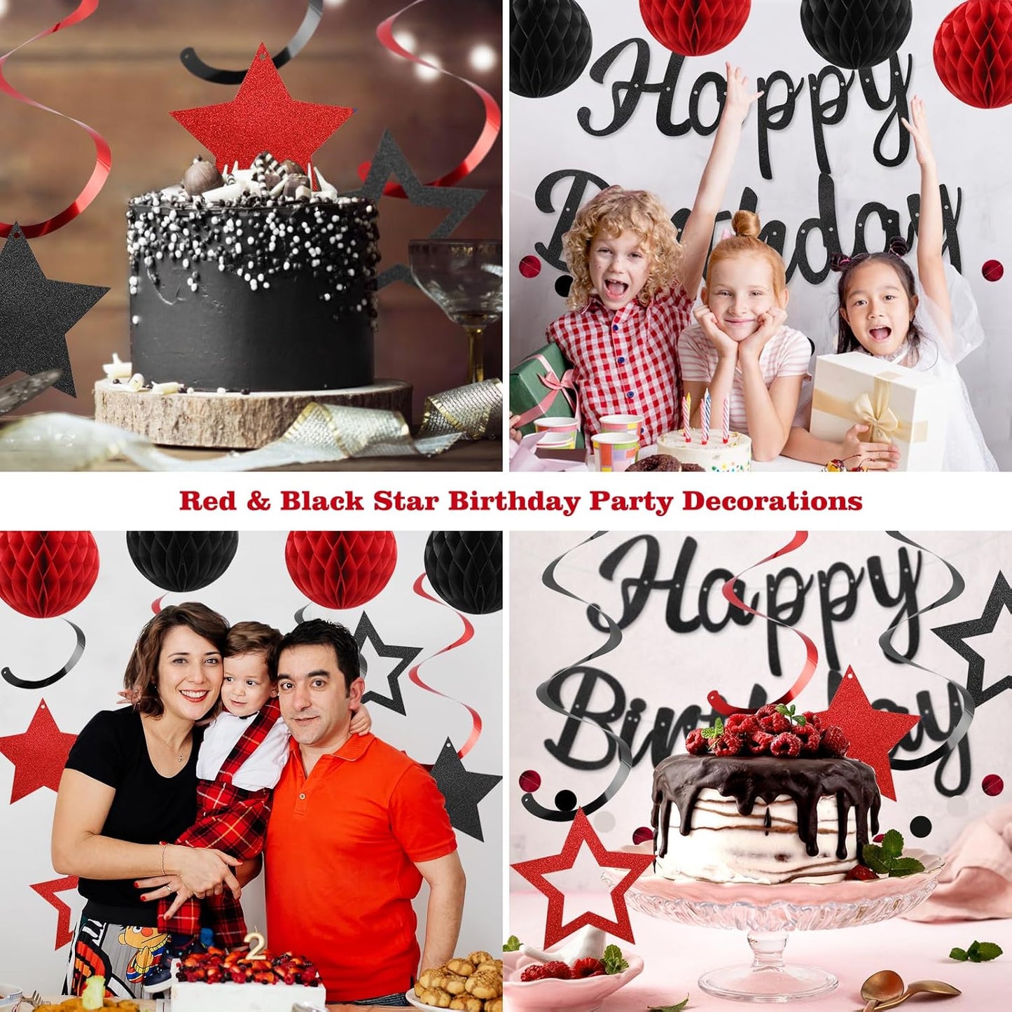 Birthday Decorations, NO DIY, Pre-Strung Happy Birthday Banner with Honeycomb Balls, Hanging Swirls, Circle Dots Garland, Happy Birthday Party Decorations for Women Men Boy Girl (Red&Black)