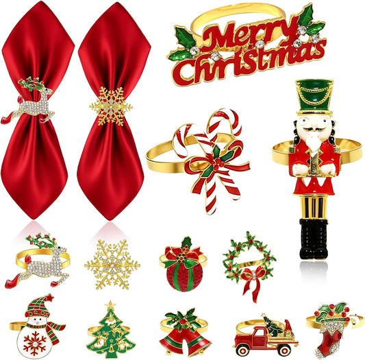 Christmas Tree Reindeer Napkin Rings Set of 12 Candy Cane Napkin Rings for Xmas Party New Year Banquet,Snowflake Napkin Ring Holders for Winter Wedding Birthday Holiday Family Dinner Decor