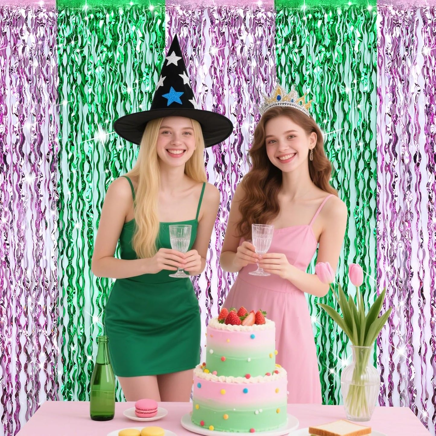 4 Pcs Green Pink Splicing Tinsel Backdrop, Tinsel Foil Fringe Curtains Wavy Backdrop for Parties,Shiny Streamers Party Decorations,Photo Booth Foil Curtain for Birthday Party Decorations,3.2ft × 6.6ft