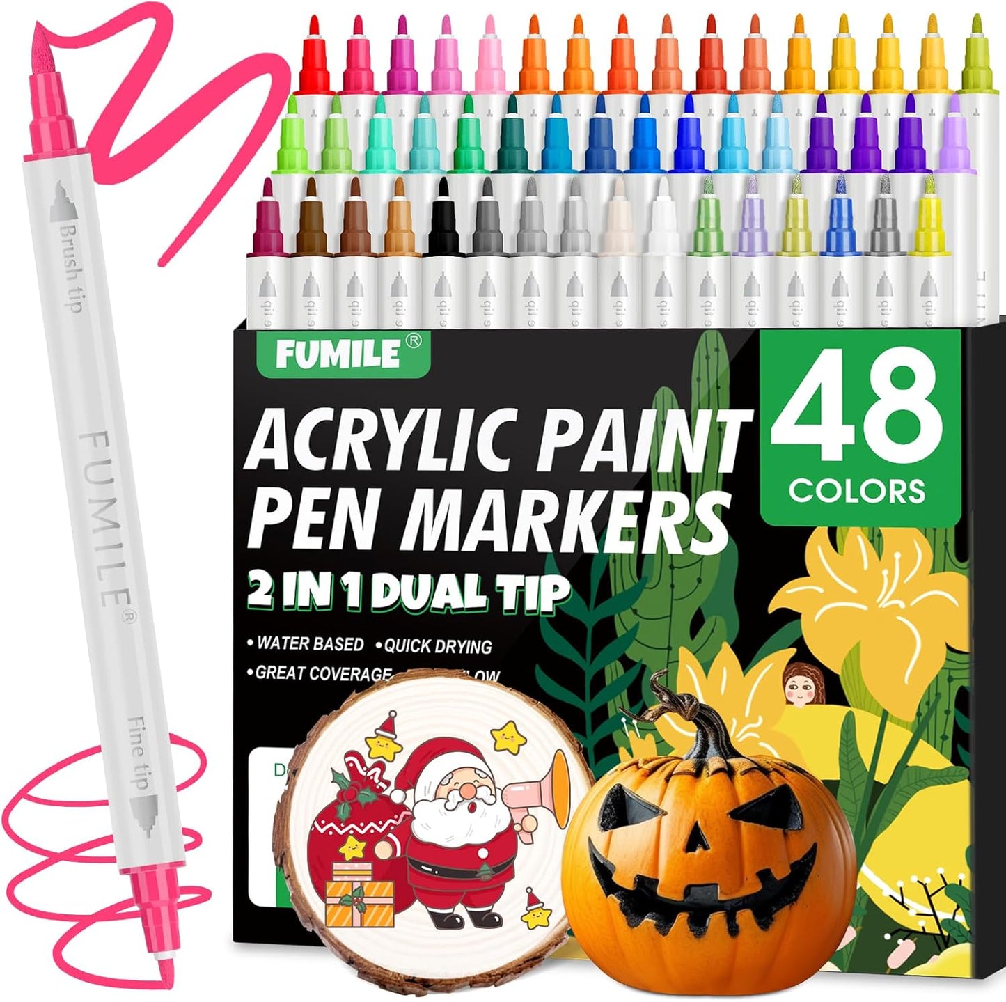 FUMILE 48 Colors Dual Tip Acrylic Paint Pens,Paint Markers With Extra Fine Tip and Brush Tip for Wood, Rock, Glass, Ceramic, Canvas, Paper.Paint Markers for DIY Craft,Pumpkin and Christmas