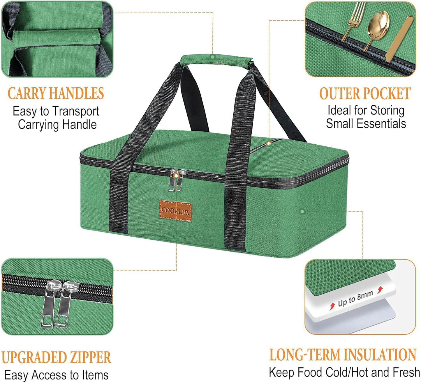Insulated Casserole Carrier - Insulated Thermal Carry Bag for Hot or Cold Food, 9"X13" Casserole/Baking Dish Carrier for Travel/Party, Durable Nylon, Green, Single Layer with Zip Pockets