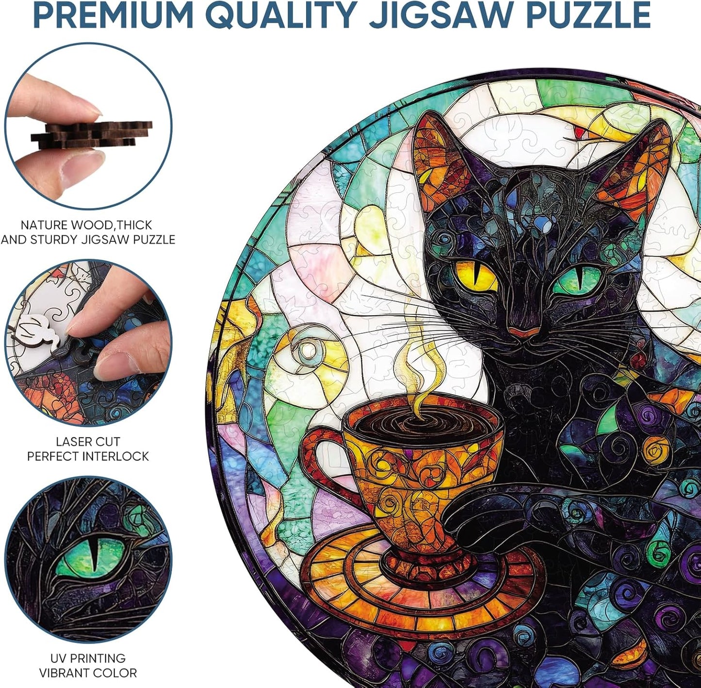 Reouinty Wooden Puzzles for Adults, Halloween Glass Black Cat Jigsaw Puzzles 200 Pieces, Unique Animal Shape Wood Cut Puzzles Best Gift for Adults Family Game 11.2 x 11.2 in