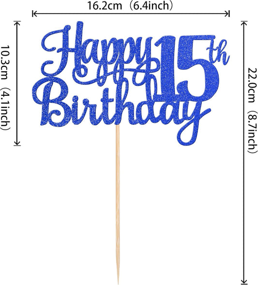 1 PCS Happy 15th Birthday Cake Topper Glitter Cheers to 15 Years Birthday Cake Pick Mis Quince 15 Fabulous Cake Decoration for Happy 15th Birthday Theme Party Decorations Supplies Blue