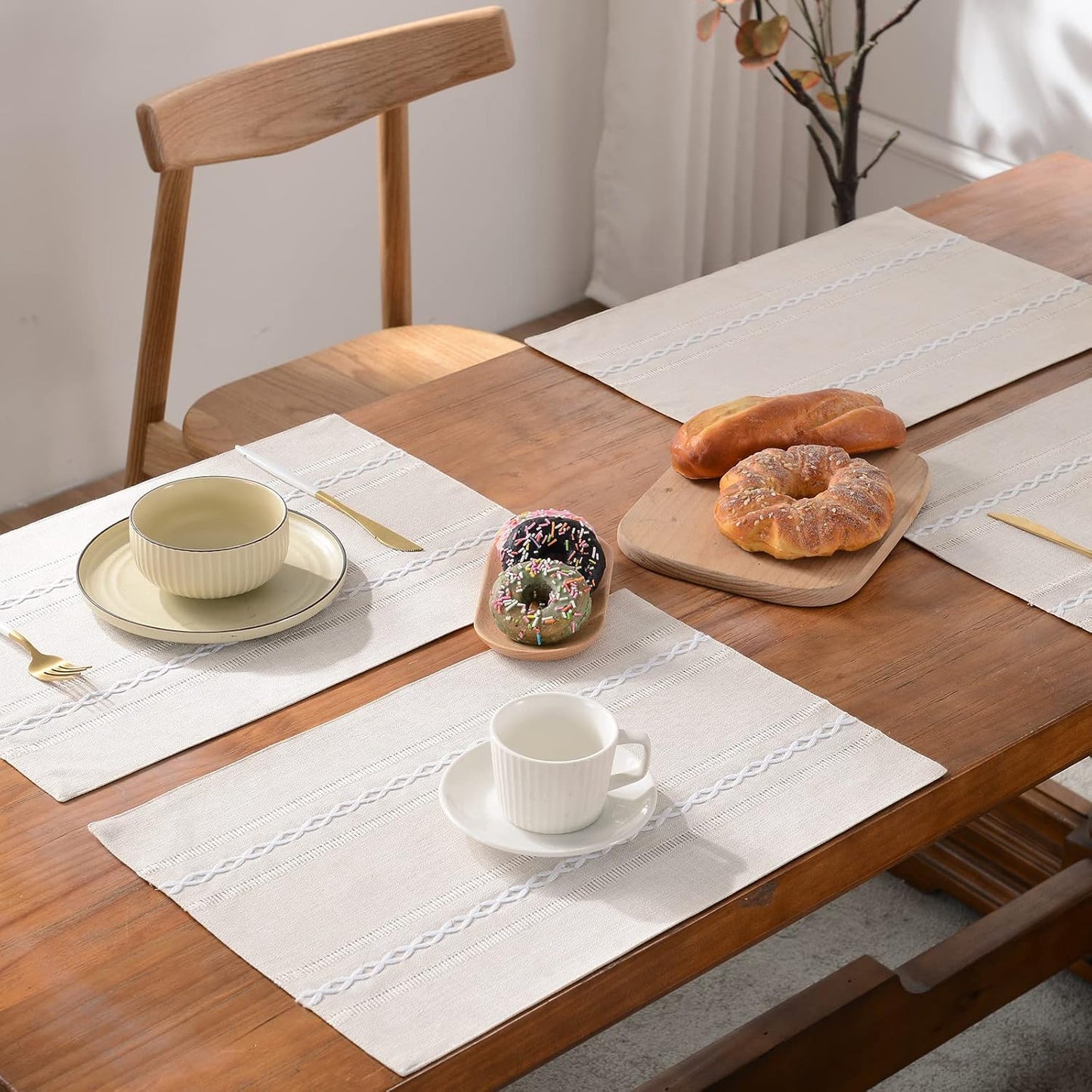Wracra Cotton Linen Placemats, 14 x 19 Inch Set of 8 Placemats Rustic Hemstitch Place Mats for Kitchen Table and Heat Resistant-Hemstitch Ivory