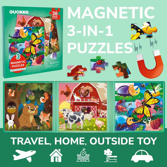 QUOKKA Magnetic Puzzles for Kids Ages 4-6 - 36 Pieces Sudoku Toddler Puzzles Ages 2-4 - Travel Games for Kids Ages 3-5 - Animal Farm Bugs Toddler Travel Toys - Car Airplane Road Trip Games