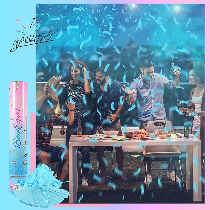 Gender Reveal Confetti Cannon,4 Blue Safty Corn Powder Smoke Party Poppers Shoots 20-25ft,12 inch Upgrade Firmware Gender Reveal Party Supplies Baby Shower
