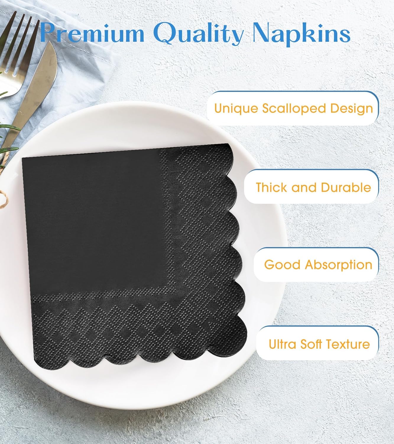 100 Pack Cocktail Napkins, 3-Ply Scalloped Edged Wedding Napkins Folded 5 x 5 Inches Dessert Napkins, Disposable Napkins for Dinner Birthday Party Bridal Anniversary Baby Shower Reception (Black)