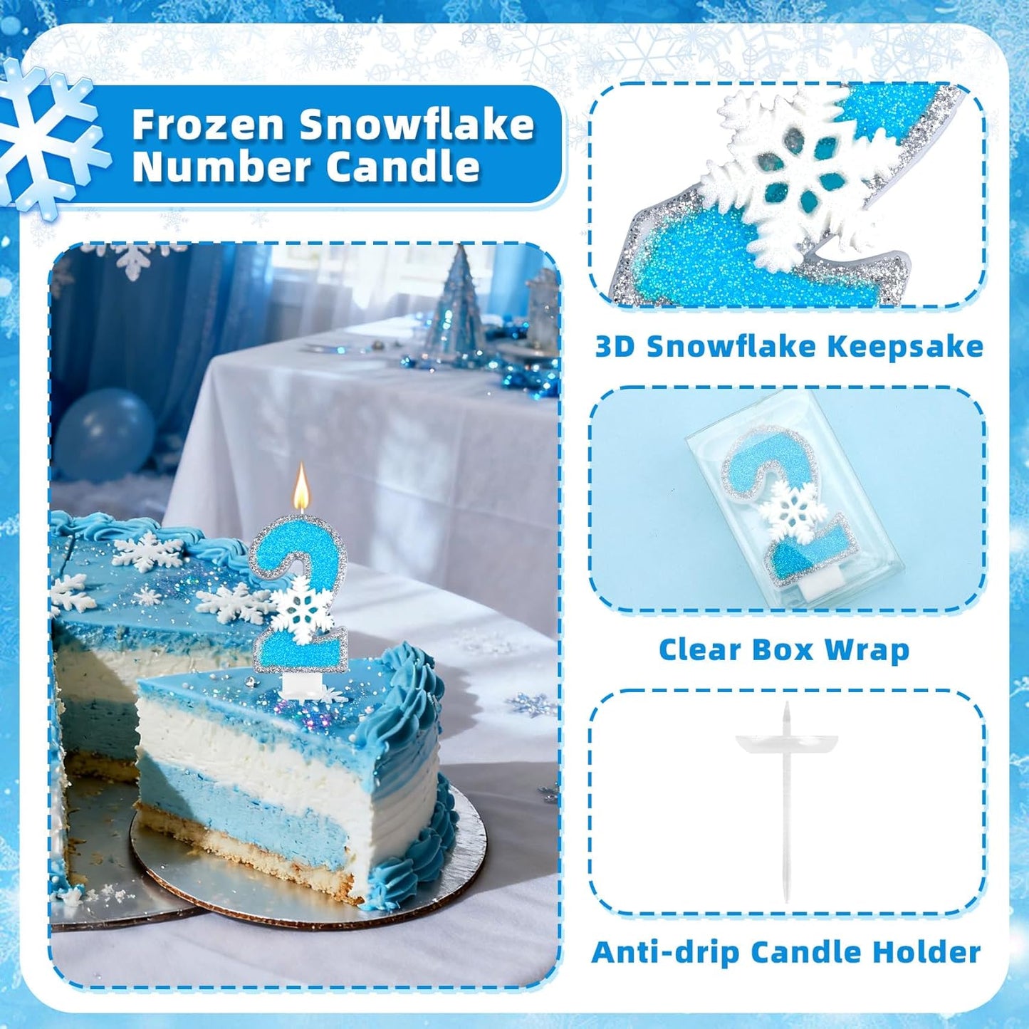 Frozen Themed Birthday Candles Party Decorations, Blue and Silver Number 2 Birthday Candle, Happy Birthday Candle for Cake, Snowflake Cake Topper Decoration for 2nd 2 Year Old Party Favor Supplies