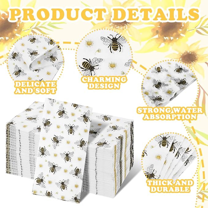 Karenhi 200 Pcs Honey Bee Party Supplies Disposable Hand Towel for Bathroom 2 Ply Spring Yellow Decorative Napkins Floral Bathroom Paper Hand Towels for Honey Bee Birthday Baby Shower Party Decoration