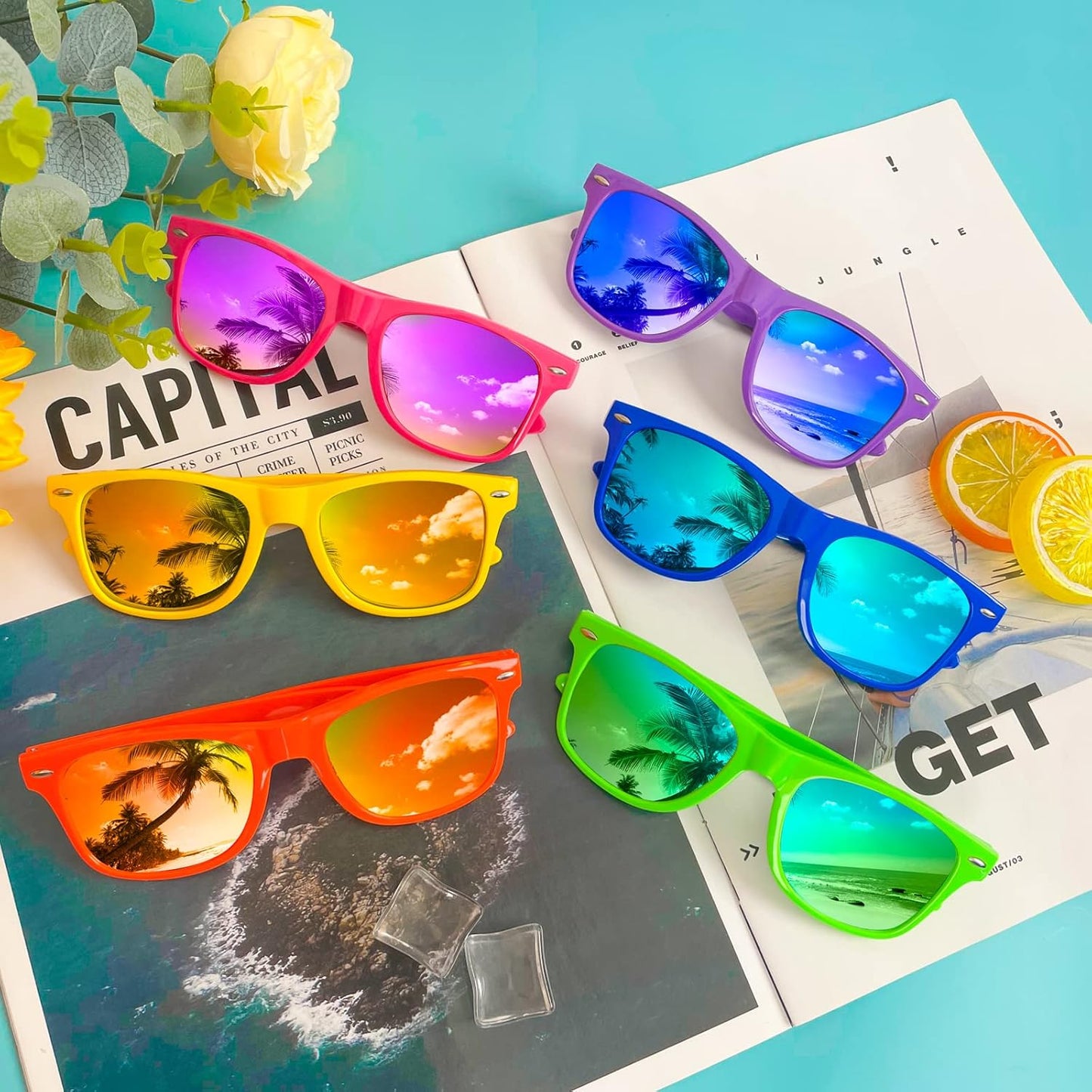 SUNOVELTIES 12/24 Pack Neon Party Sunglasses Mirrored/Jelly Lens Bulk Glasses Horn Rimmed Eyewear for Men Women