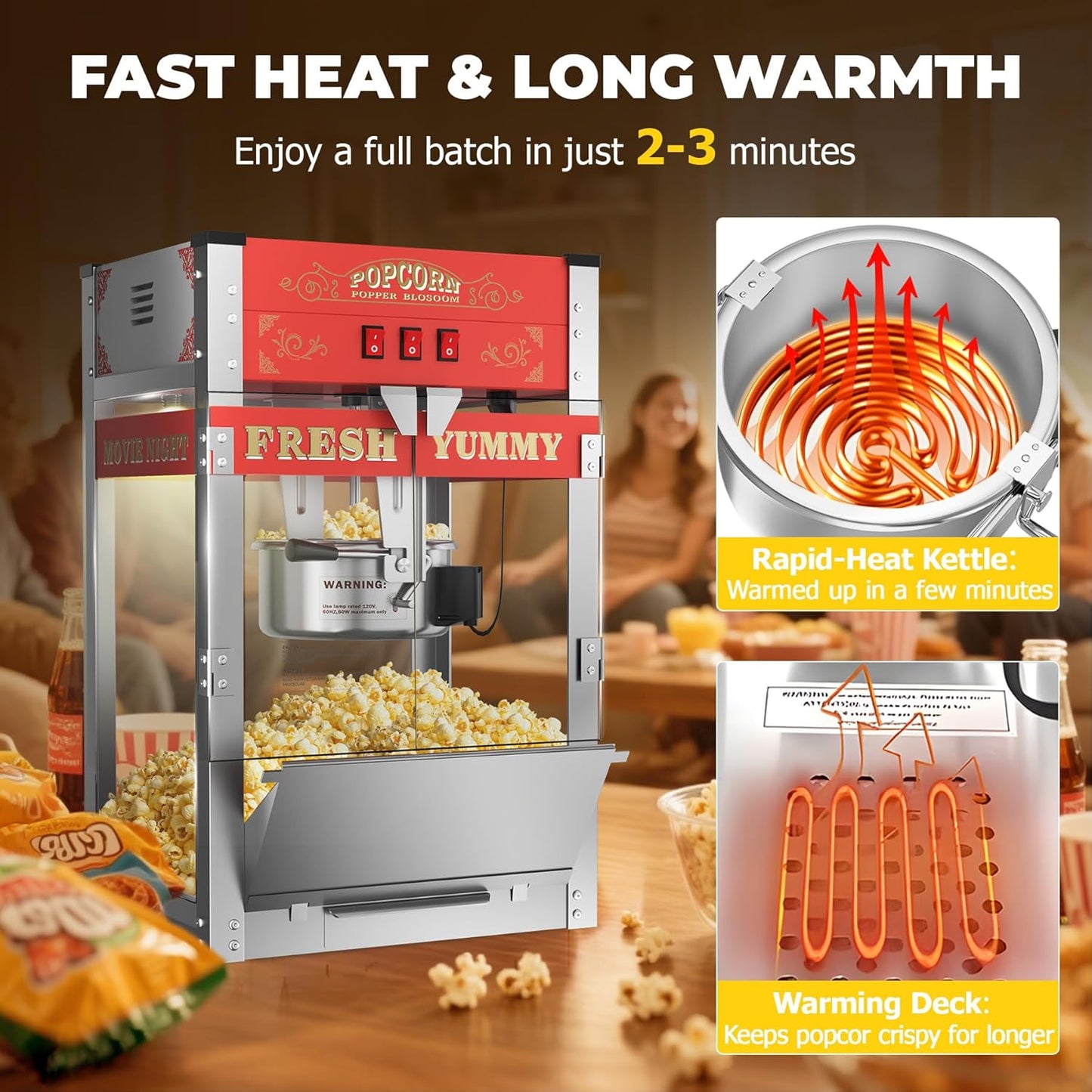 2025 Upgraded 20 oz Popcorn Machine with Cart, Popcorn Maker Machine Makes Up to 80 Cups, Movie Theater Pop Corn Machine with Stainless-Steel Kettle & 3-Switch Control & Tempered Glass Doors, Red