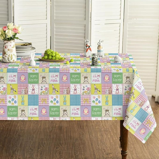 Horaldaily Easter Tablecloth 60×104 Inch Rectangular, Plaid Bunny Rabbits Easter Egg Anemone Bowknot Colorful Washable Seasonal Table Cover for Party Picnic Dinner Decor