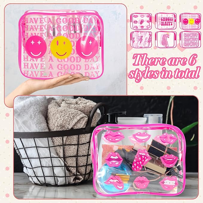 Cunno 6 Pcs Makeup Bags Gifts for Women Preppy Boho Smile Face Flamingo Clear Makeup Bags Cosmetic Transparent PVC Travel Toiletry Organizer for Birthday Party Favor(Preppy Style)