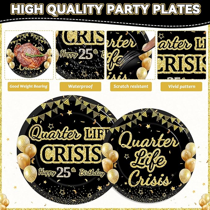 96PCS 25th Birthday Party Paper Plates and Napkins Set for Happy Quarter Life Crisis Cake Dessert Plates Disposable Supplies Black Gold 25 Year Old Theme Tableware Set for Men Women Party Decorations