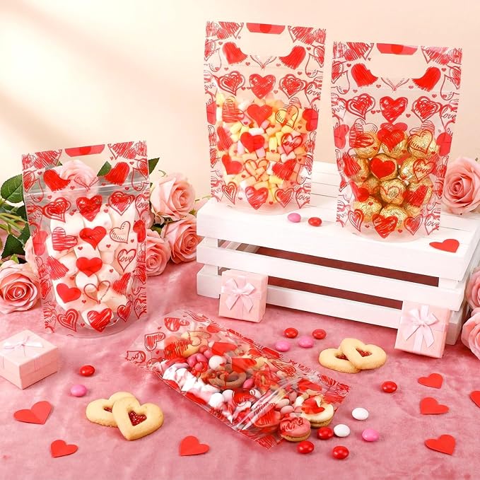Blosssound 25 Pcs Valentine's Day Gift Bags Resealable Red Love Plastic Bags Happy Valentines Day Favor Pouch with Handle for Wedding Party Candy Gift Wrapping Supplies Decor(Red Valentines)