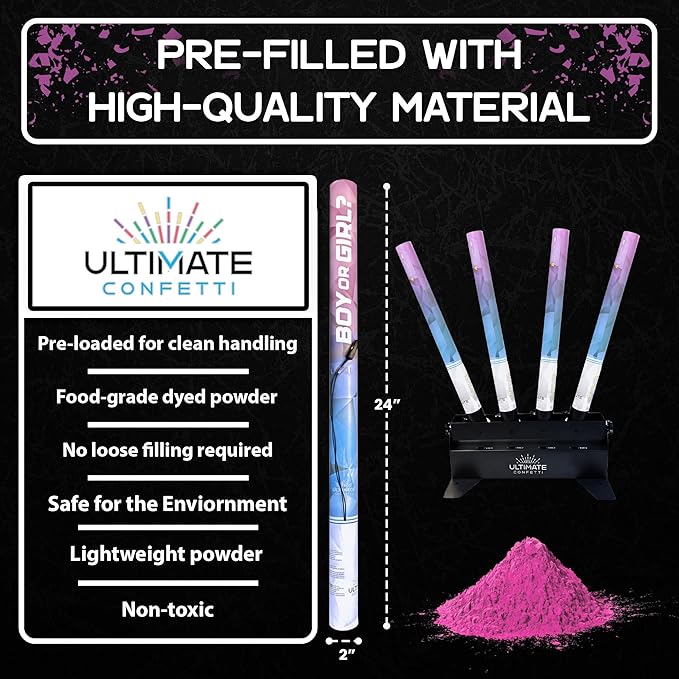 Ultimate Confetti - Electric Pink Powder Cannon Cartridge 24” - Pre-Filled with Food-Grade Powder, Leak-Resistant Gender Reveal Poppers Cannon, Requires EC-1 or EC-4 Confetti Machine to Activate