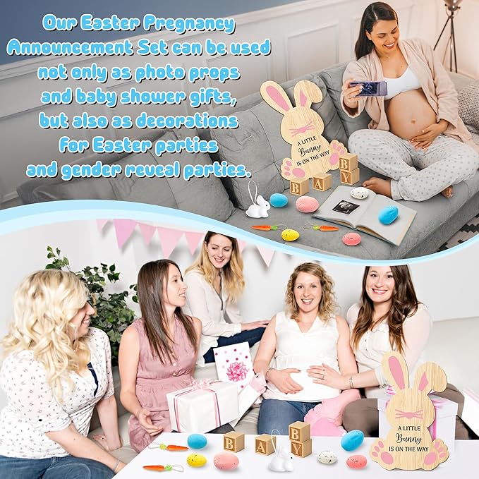 14Pcs Easter Pregnancy Announcement Set - Coming Soon Baby Announcement Props Ideas Include Easter Funny Bunny Shape Wooden Sign Wood Blocks Pregnancy Reveal Ideas for Grandparents Dad Husband Family