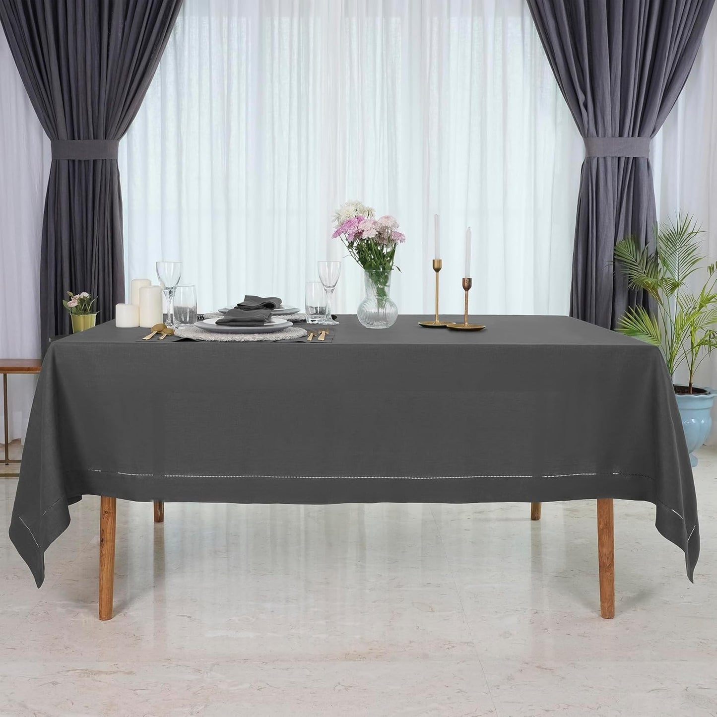 D'Moksha Homes Charcoal Grey Linen Tablecloth for Rectangle Tables 60 x 90 Inch - 100% Pure Linen Grey Table Cloth - Classic Hemstitch, Machine Washable Tablecloth for Thanksgiving, Holiday